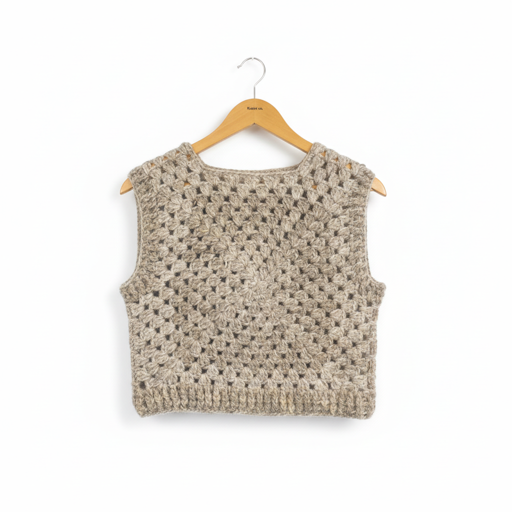 Colete Crochet Granny Square Bege Mesclado - Fundo Branco