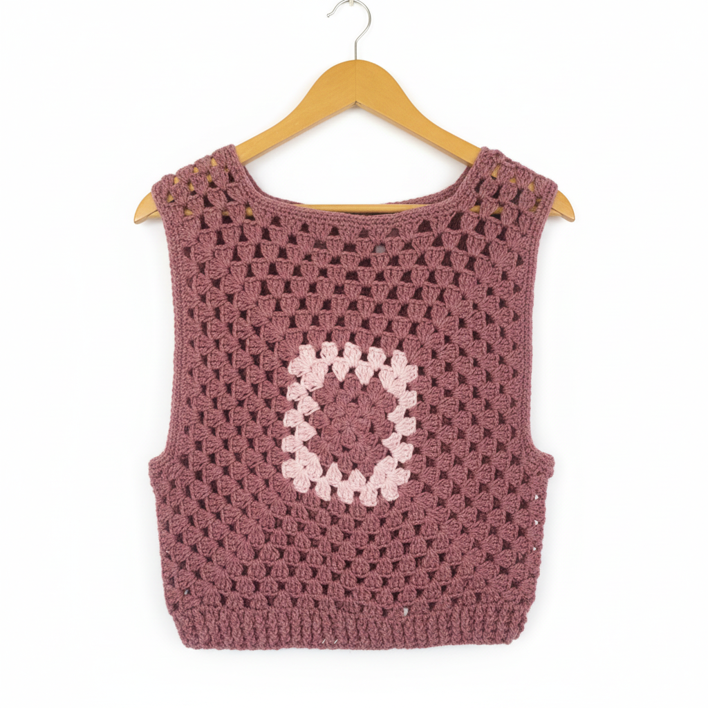 Colete Crochet Granny Square Malva - Fundo Branco