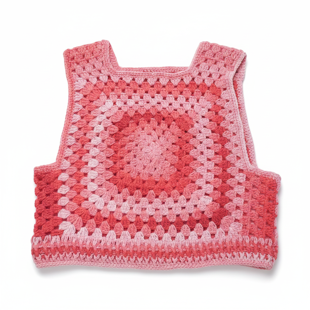 Colete Crochet Granny Square Rosa - Fundo Branco