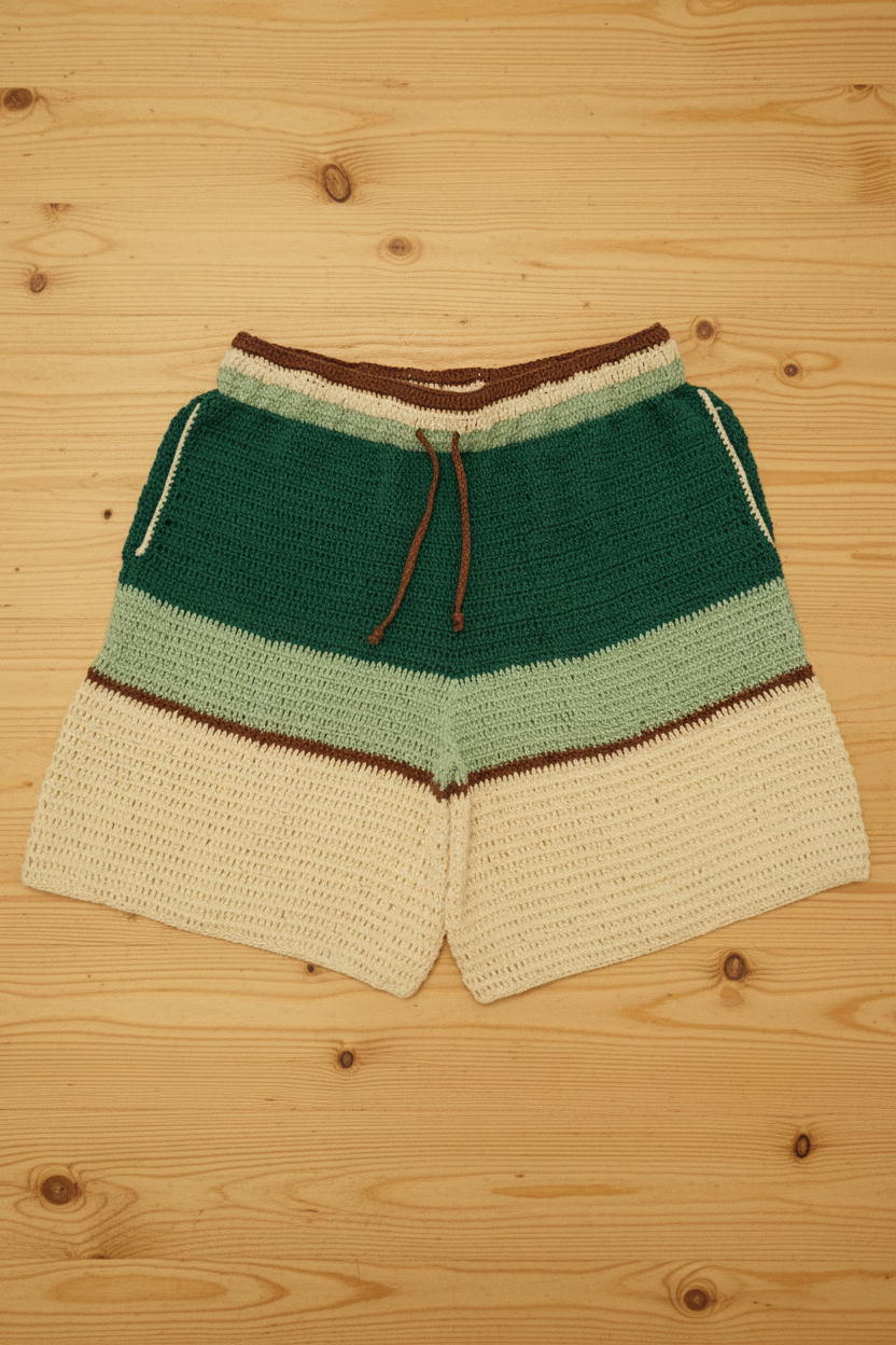 Crochet Shorts com Fundo de Madeira