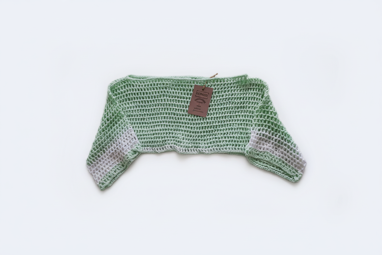Blusinha de crochê verde menta da Kukini Co., vista de frente, com fundo branco, mostrando detalhes do tecido e acabamento.