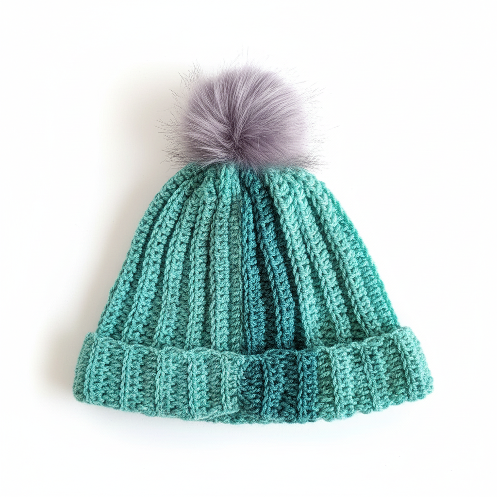 Gorro de crochê verde menta com pompom da Kukini Co., vista frontal sobre fundo branco.