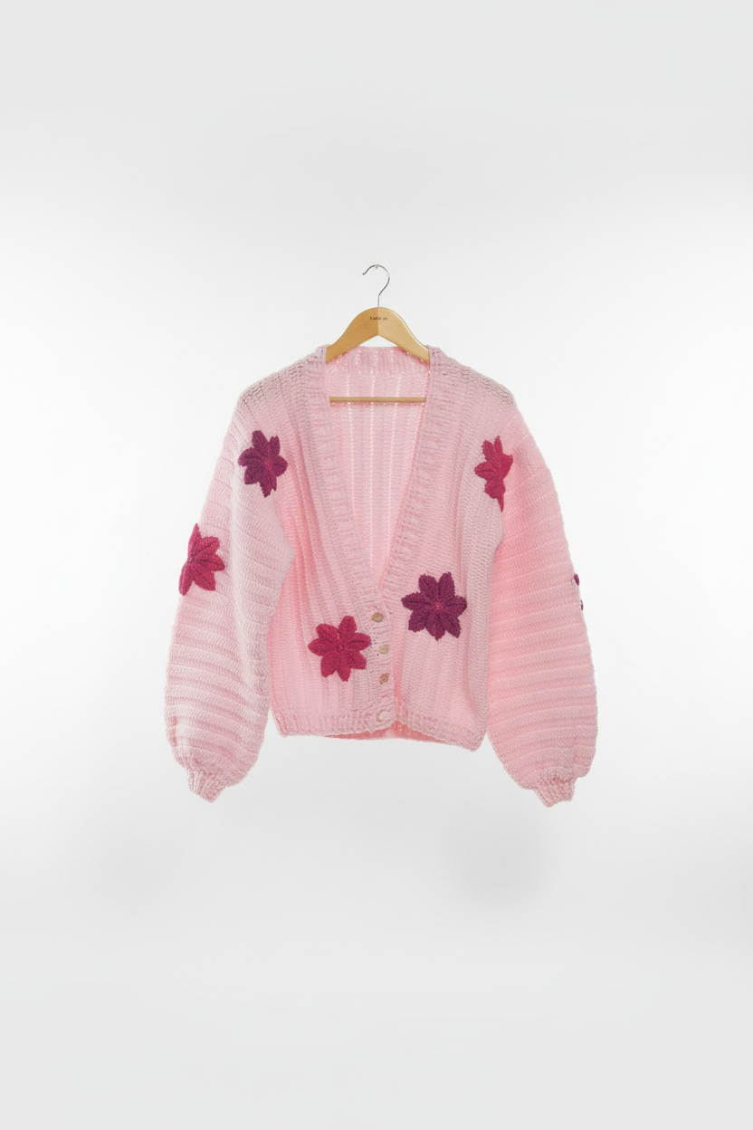 Casaco de crochê rosa com detalhes de flores, feito pela Kukini Co., mostrando o tecido e o acabamento delicado.