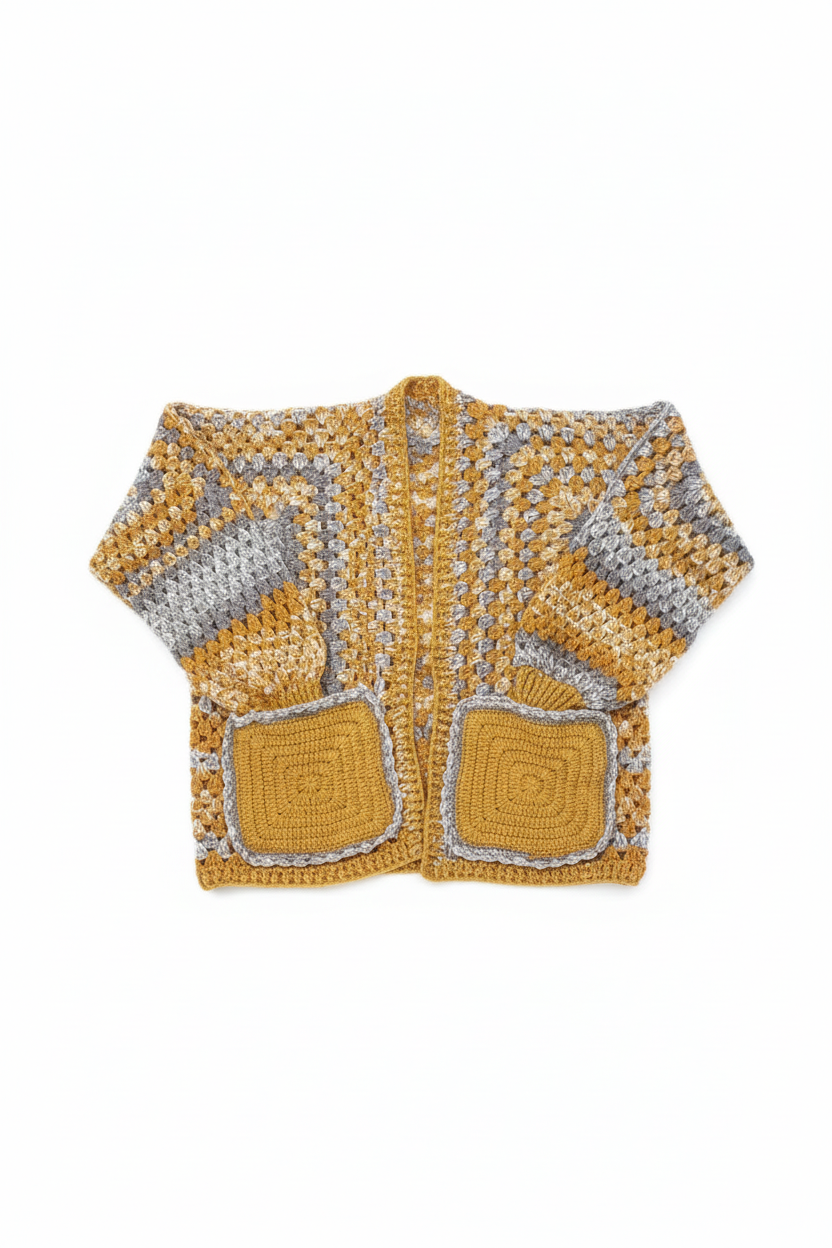 Casaco crochet Granny Square amarelo e cinza da Kukini Co., detalhe de pontos coloridos e acabamento confortável.