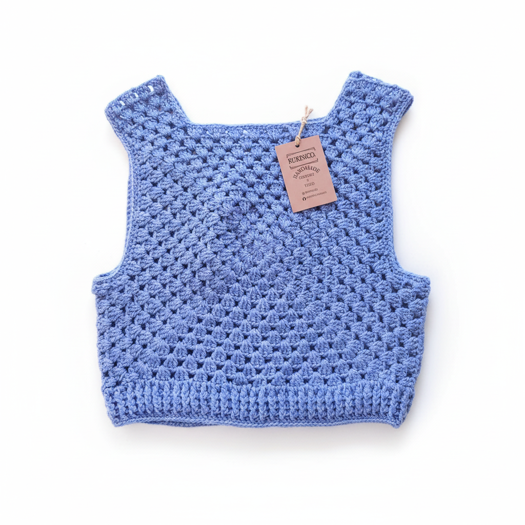 Colete de crochê Granny Square azul claro da Kukini Co., destaque para o padrão de quadrados e detalhes delicados.