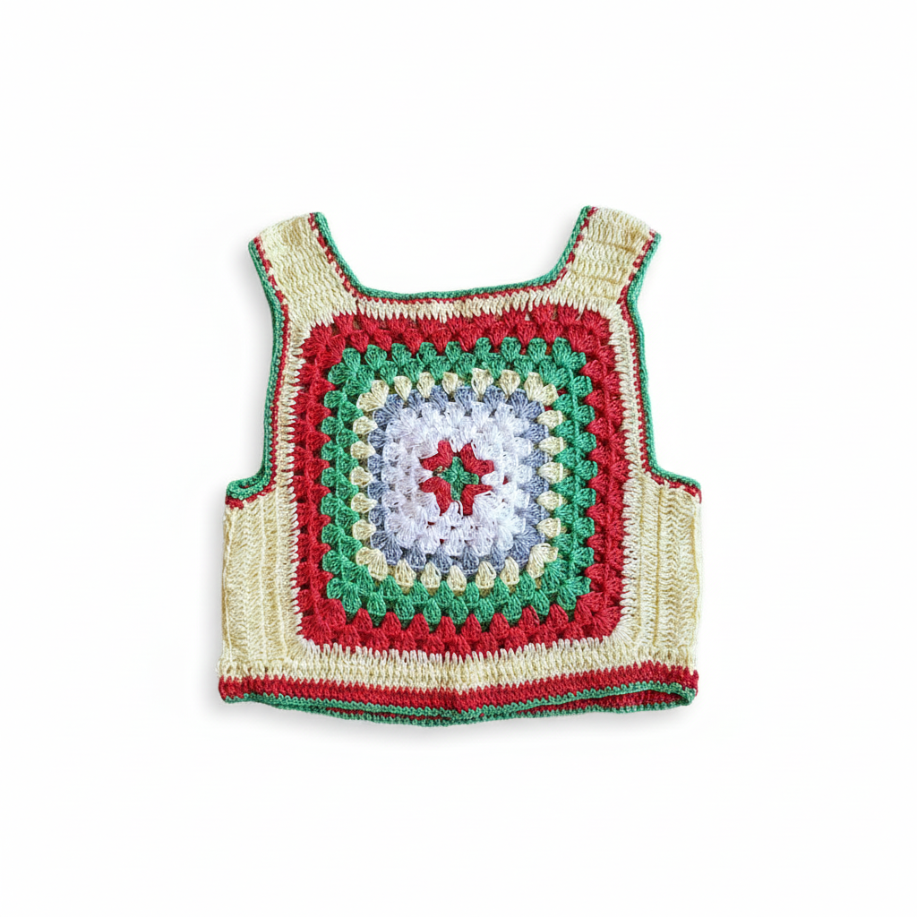 Top de crochê granny square para crianças da Kukini Co., exibindo padrão colorido e detalhes artesanais, veste uma criança sorridente.