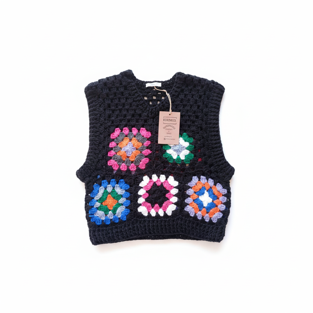 Colete de crochê granny square preto e colorido da Kukini Co., detalhe em pontos coloridos e acabamento em crochê.