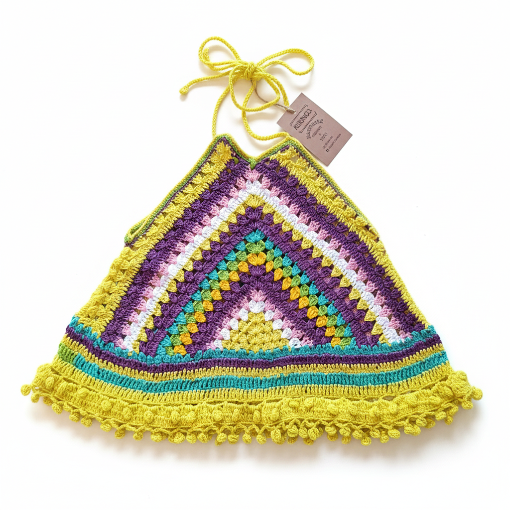 Top de crochê halter multicolor com pompons amarelos da Kukini Co., exibido em detalhe na imagem.