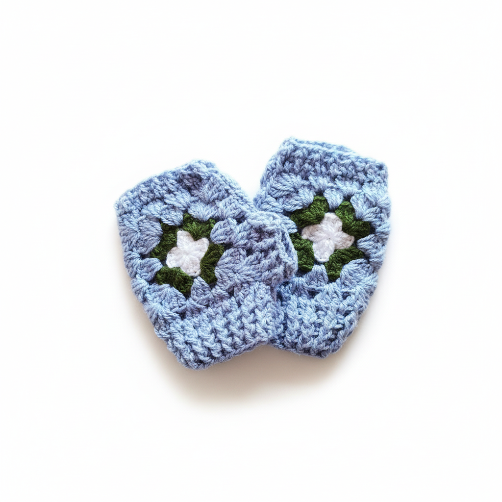 Luvas de crochê Granny Square em lavanda e verde, feitas pela Kukini Co., com padrão de quadrados coloridos e detalhes em crochê.