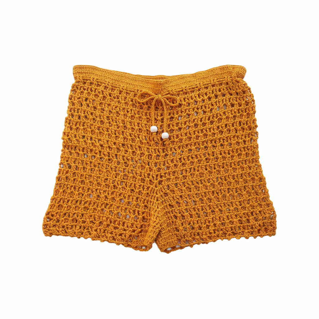 Calções de crochet vazado amarelo mostarda da Kukini Co., com detalhes delicados e tecido leve para looks casuais.