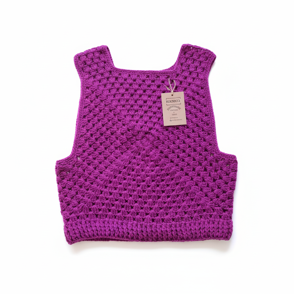 Colete de crochê Granny Square magenta da Kukini Co., detalhe de pontos coloridos e acabamento artesanal.