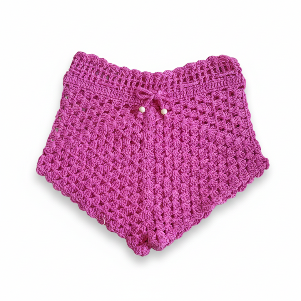 Calções de crochet fúcsia para crianças da Kukini Co., detalhes do tecido e acabamento em destaque na imagem.