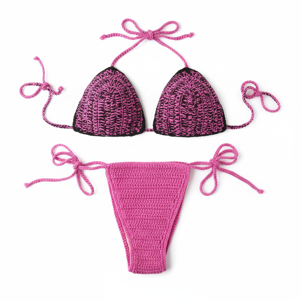Biquíni de crochê rosa e preto da Kukini Co., top e calcinha com detalhes em crochê, ideal para praia e piscina.