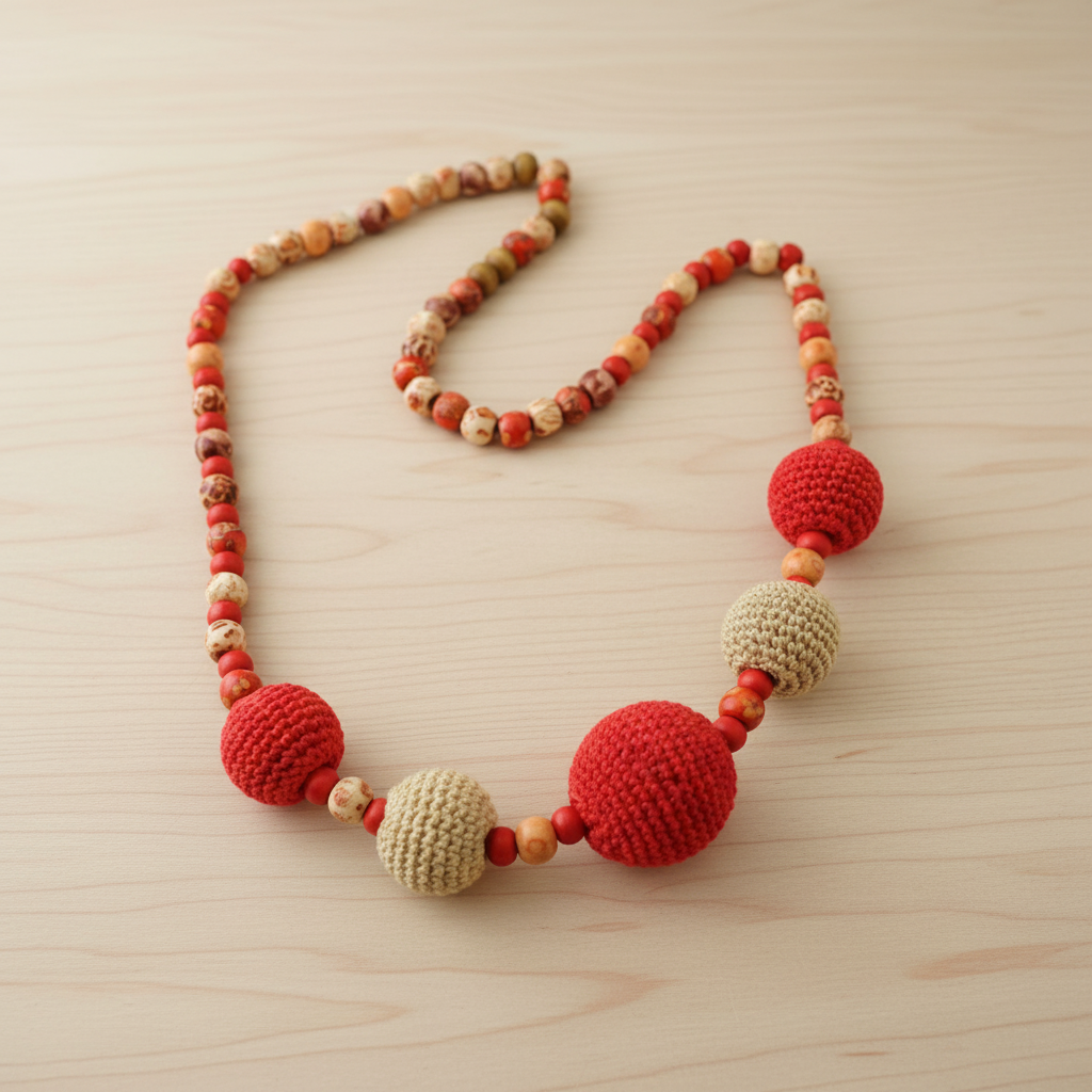 Red and Beige Crochet Necklace