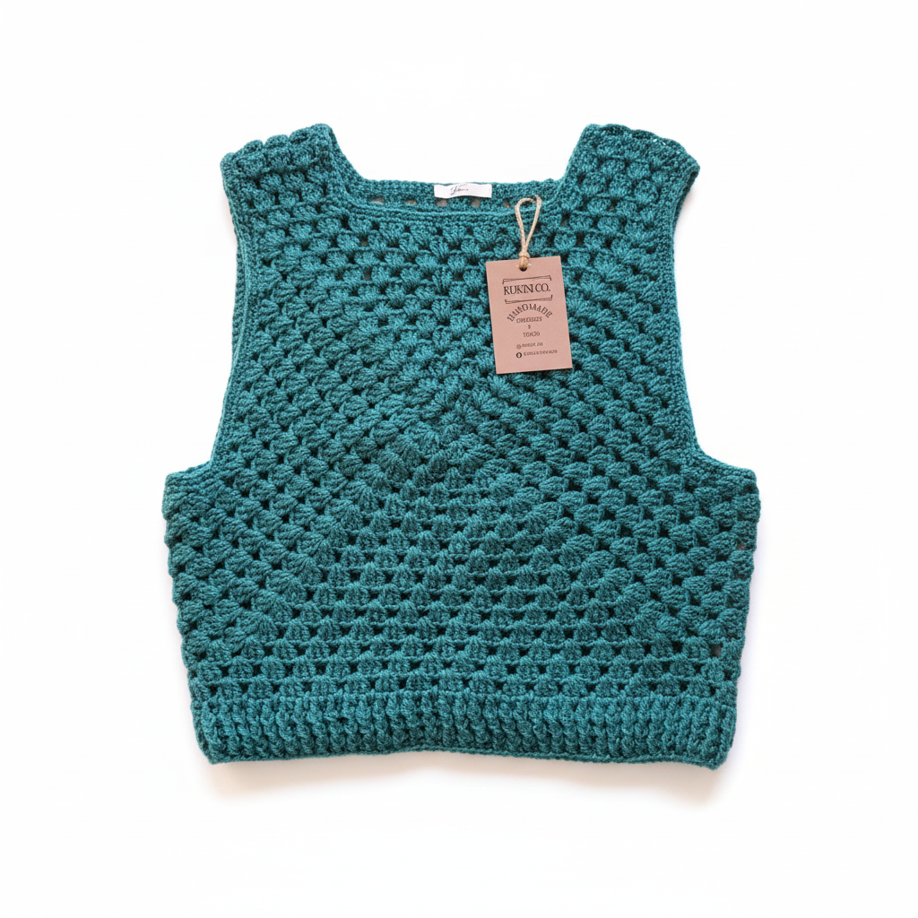 Colete de crochê verde teal da Kukini Co., detalhe de acabamento e textura, usado como peça de moda casual.