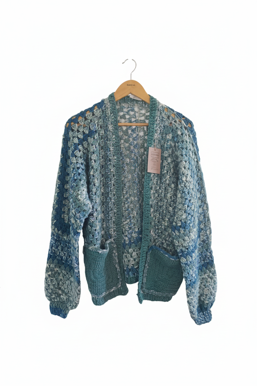 Casaco de crochê granny square azul teal da Kukini Co., com padrão colorido e detalhes em pontos de crochê.