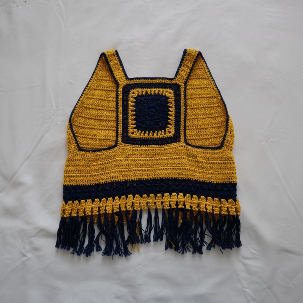 Colete de crochê amarelo da Kukini Co. em detalhe, mostrando o acabamento e a textura do tecido.