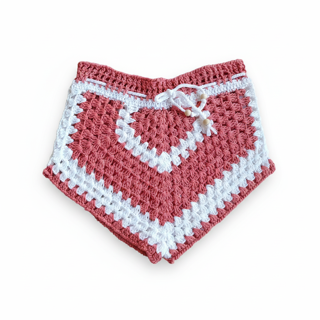 Calções de crochê Granny Square coral e branco para crianças, feitos pela Kukini Co., com padrão colorido e detalhes de crochê vibrantes.