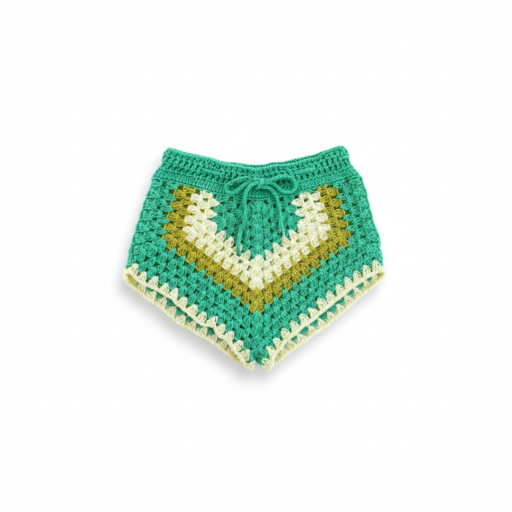 Calções de crochê Granny Square verde claro para crianças, feito pela Kukini Co., com detalhes coloridos e padrão clássico.