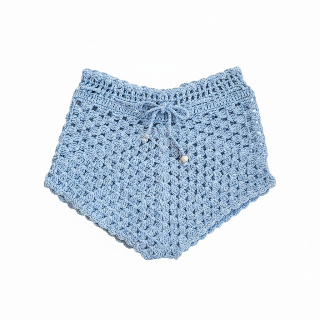 Calções de crochet azul para bebê e crianças, estilo divertido, feito pela Kukini co., com detalhes em malha leve.