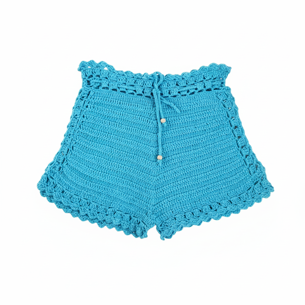 Calções de crochet azul para crianças da Kukini Co., com detalhes de ponto e acabamento confortável.