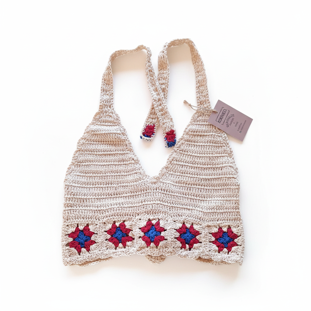 Top de crochê halter creme com detalhes em granny square vermelho e azul, da marca Kukini Co.