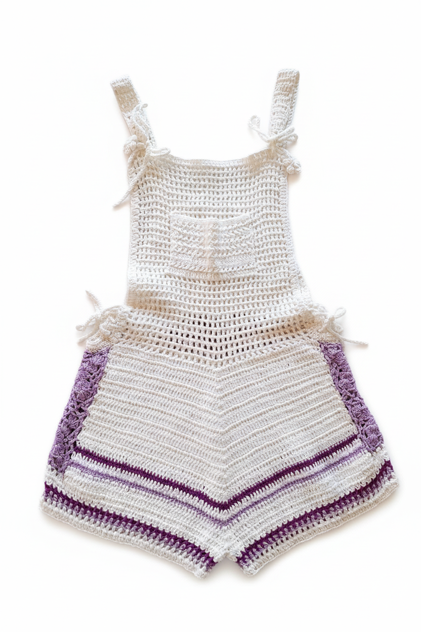 Jardineiras de crochê brancas com detalhes roxos, estilo casual e confortável, da marca Kukini Co.