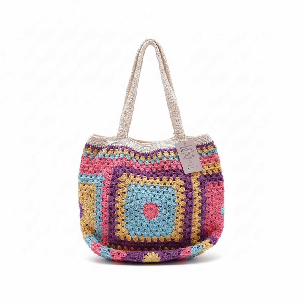 Mala de praia em crochê Granny Square da Kukini Co., estilo boho, com detalhes coloridos e alça de mão.