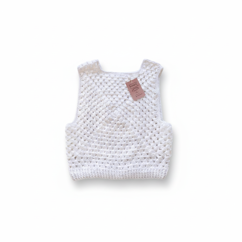 Colete de crochê granny square branco da Kukini Co. com detalhes coloridos e padrão artesanal, mostrado em uma imagem próxima.