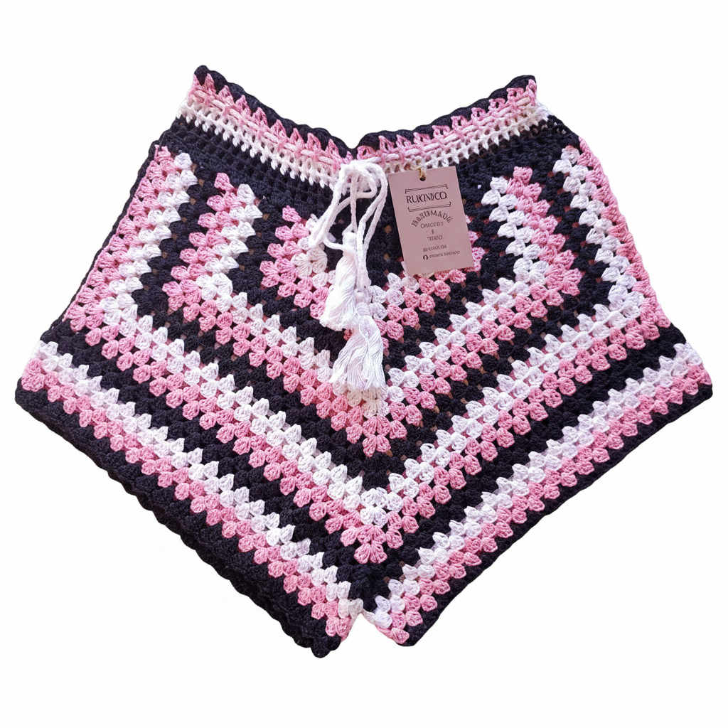 Calções de crochê preto e rosa da Kukini Co. com detalhes delicados e acabamento artesanal, ideal para looks casuais e estilosos.