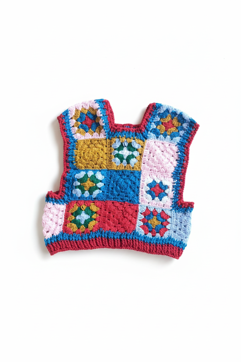 Colete de crochê granny square colorido da Kukini Co., com padrão artesanal e cores vibrantes, detalhe de costura visível.