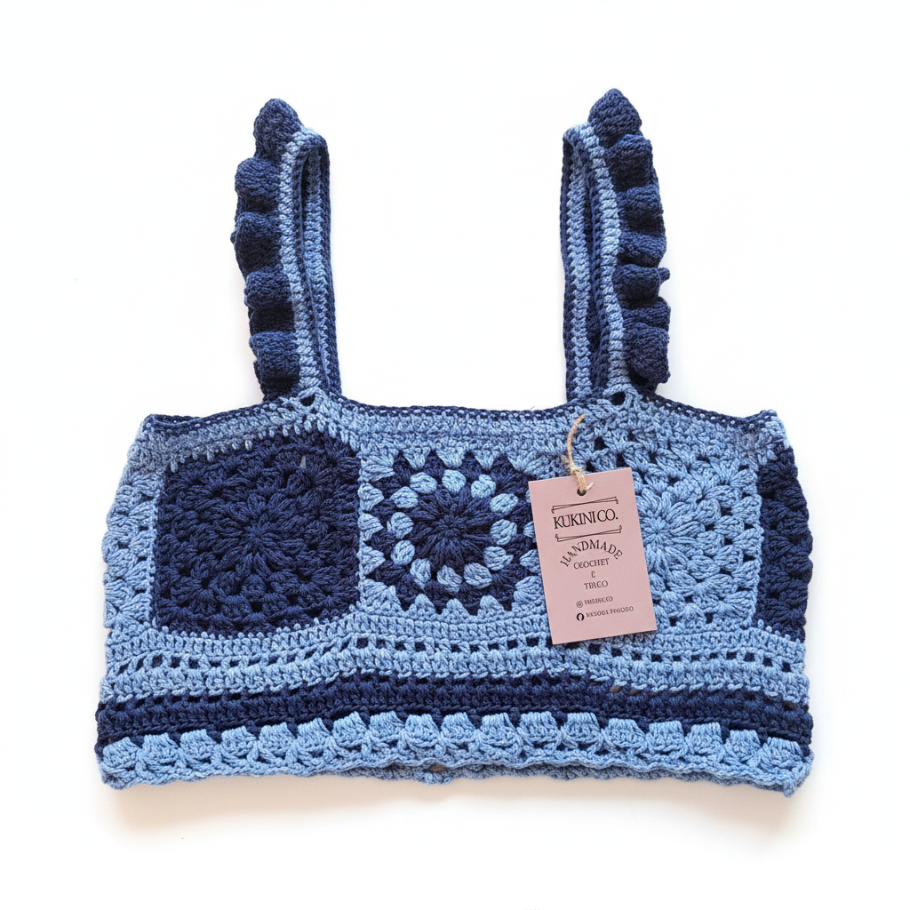 Top de crochê granny square azul com detalhes de folhagem, feito pela Kukini Co., em estilo artesanal e colorido.