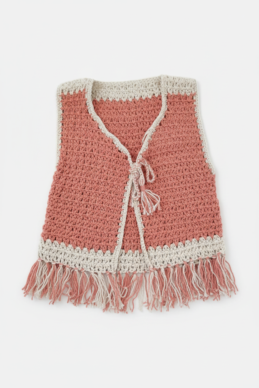 Colete de crochê rosa da Kukini Co., detalhe em pontos de crochê e acabamento delicado, usado como peça de moda feminina.