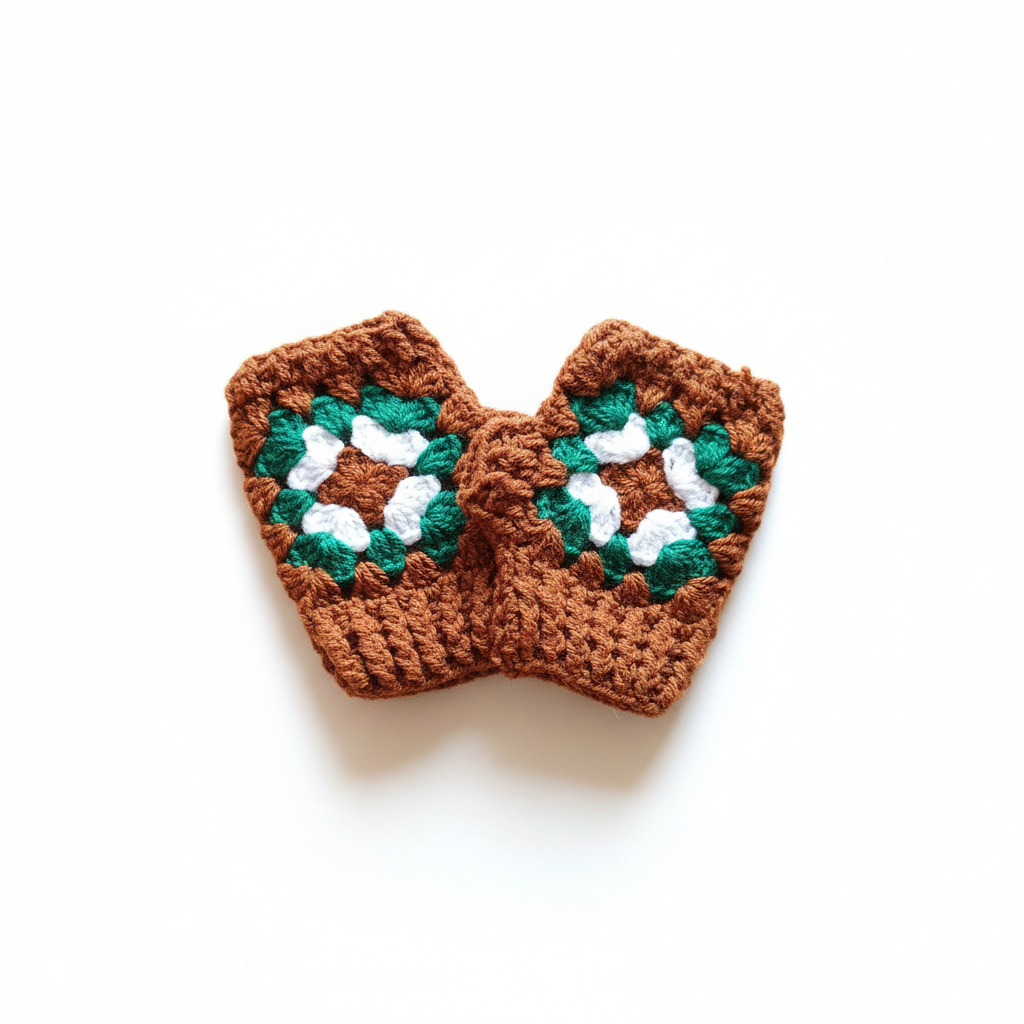 Luvas de crochê Granny Square em laranja e verde, feitas pela marca Kukini Co. com padrão colorido e artesanal
