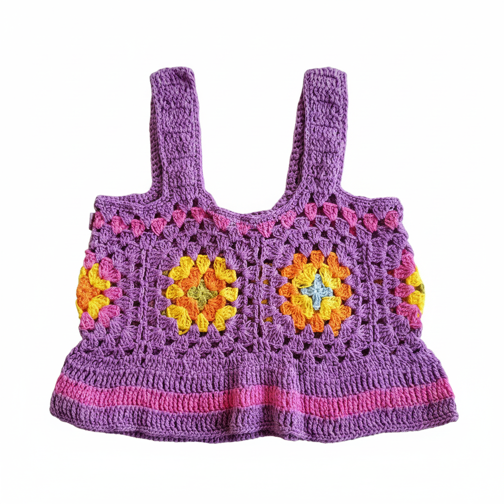 Blusa de crochê granny square roxa para crianças, feita pela Kukini Co., com detalhes coloridos e padrão de quadrados.