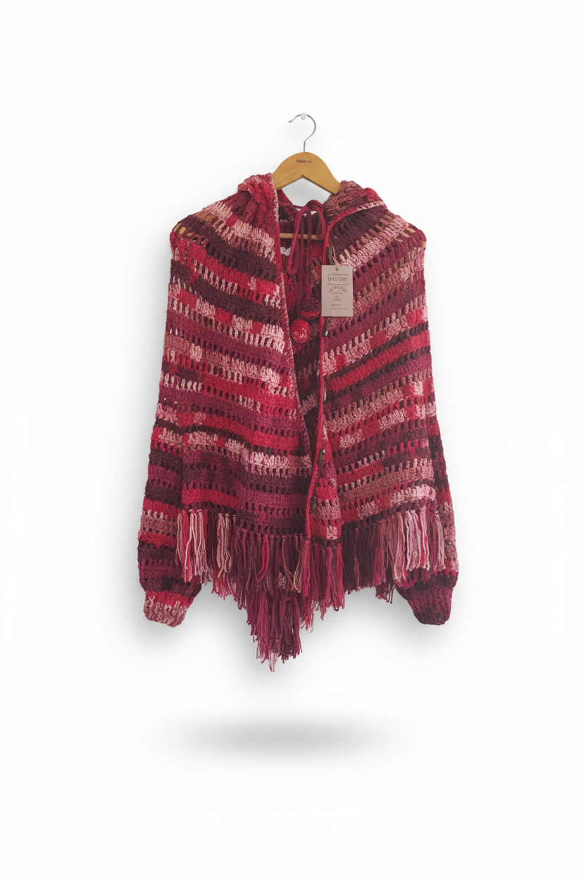 Casaco poncho de crochê com capuz em tons vermelhos, feito pela Kukini Co., mostrando detalhes do tecido e design aconchegante.