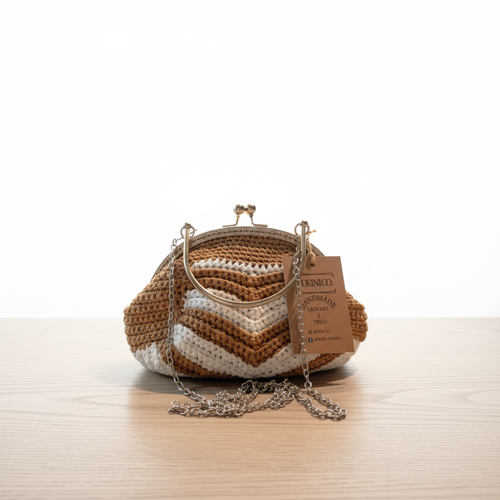 Bolsa clutch Crochet Bicolor Camel & Branco