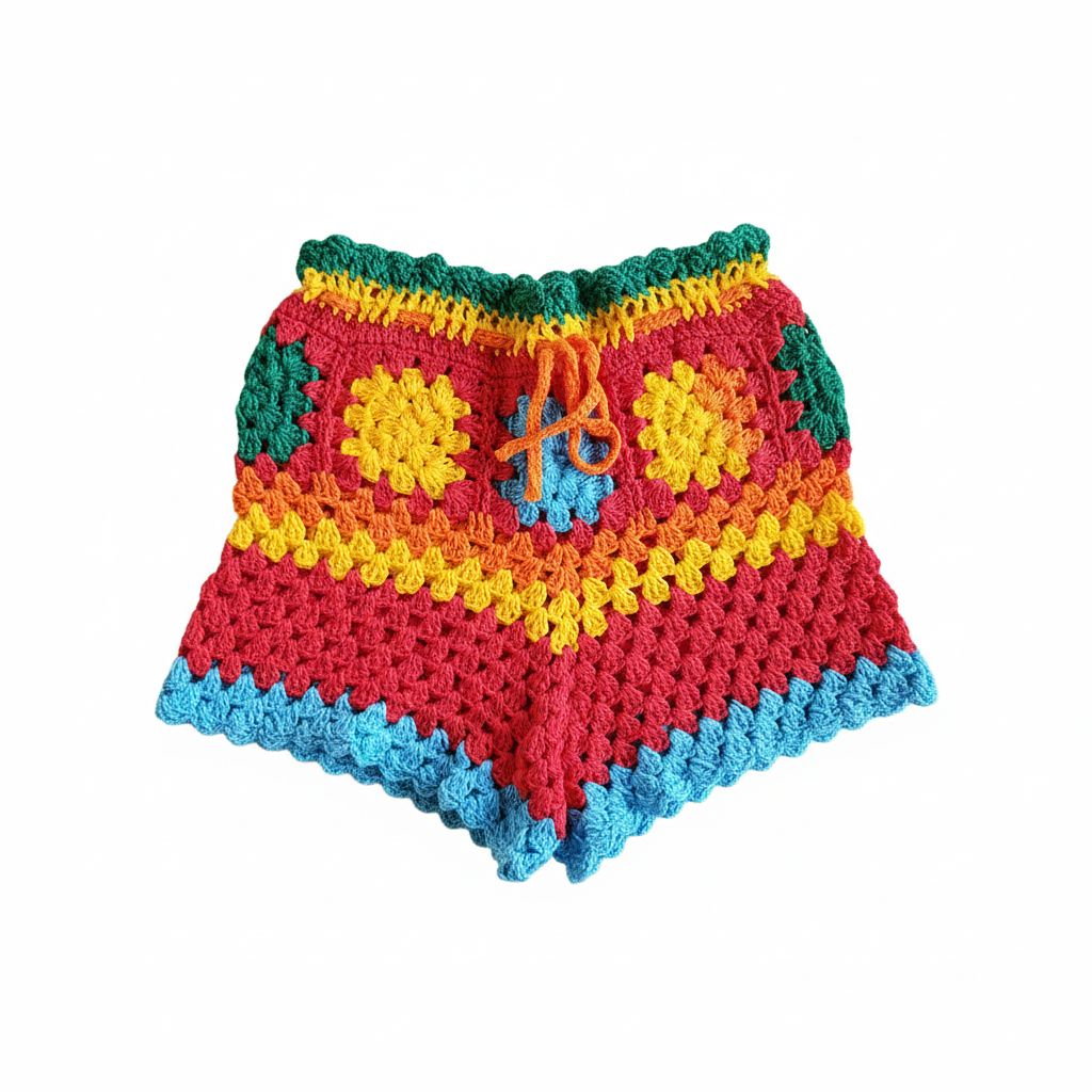 Calções de crochê granny square multicolor para crianças, produto da marca Kukini Co., exibidos com detalhes vibrantes e coloridos.