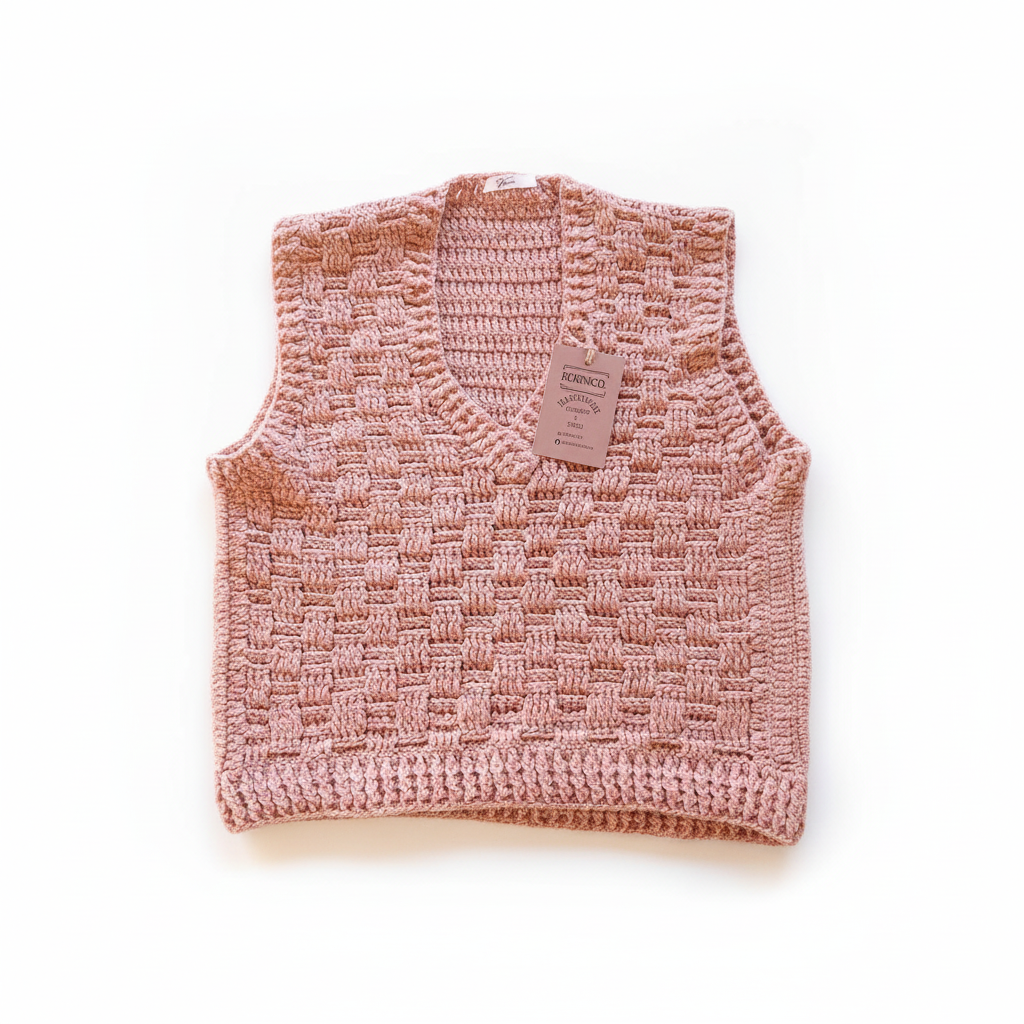 Colete de crochê rosa salmão da Kukini Co., detalhe de ponto de crochê, modelo feminino com acabamento delicado.