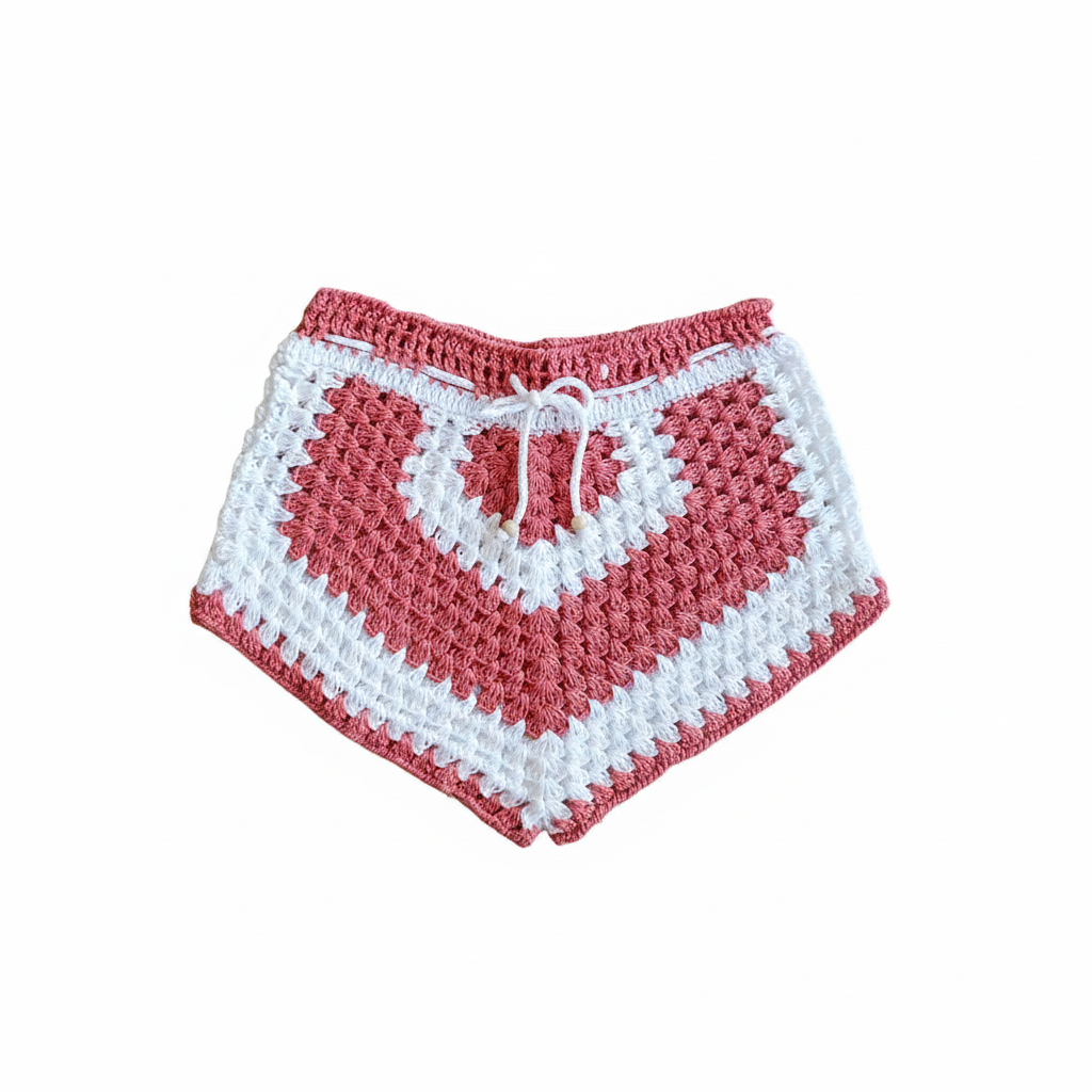 Calções de crochê Granny Square rosa e branco para crianças, feito pela Kukini Co., em estilo colorido e confortável