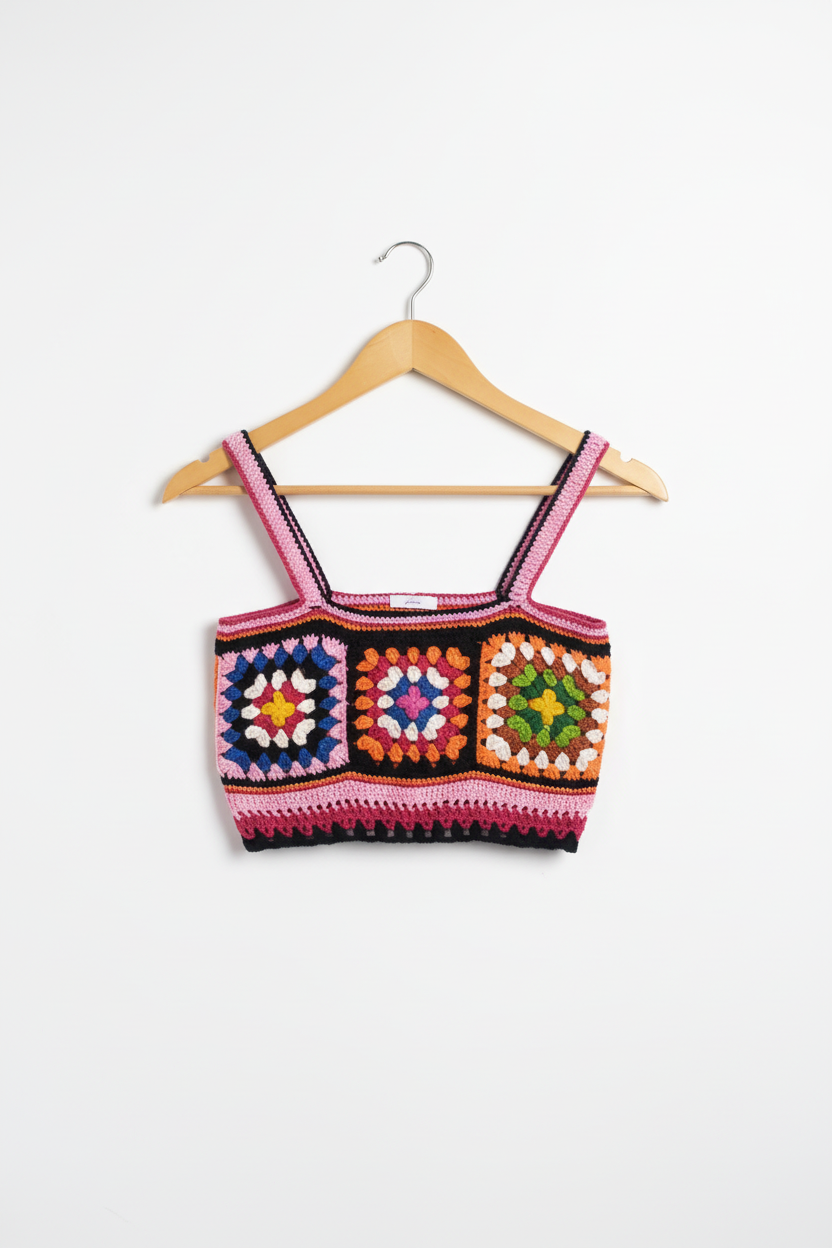 Blusa de crochê Granny Square colorida da Kukini Co., detalhe de ponto crochê com cores vibrantes e padrão quadrado.