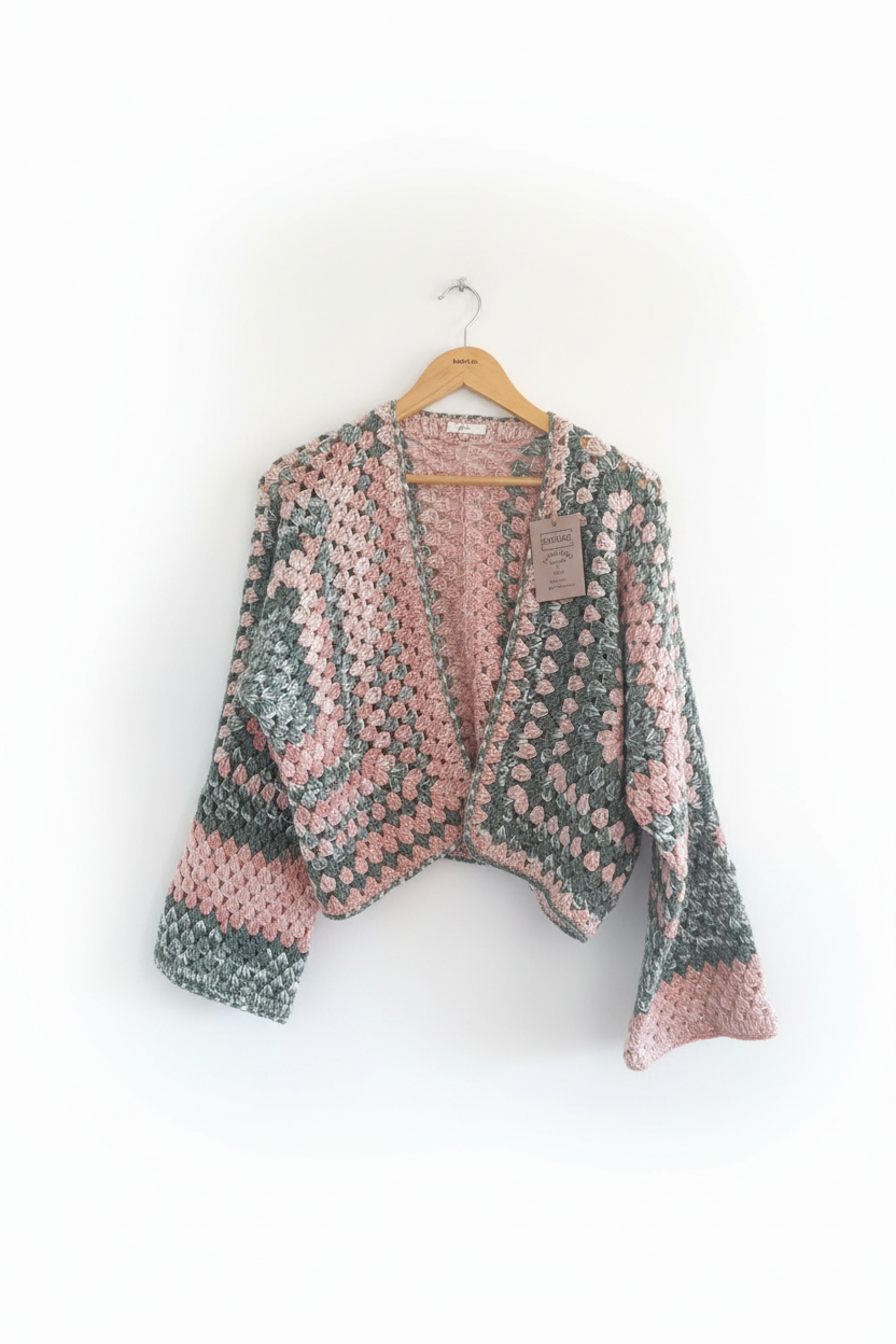 Casaco de crochê granny square rosa e sálvia da Kukini Co., com detalhes em pontos coloridos e acabamento delicado.