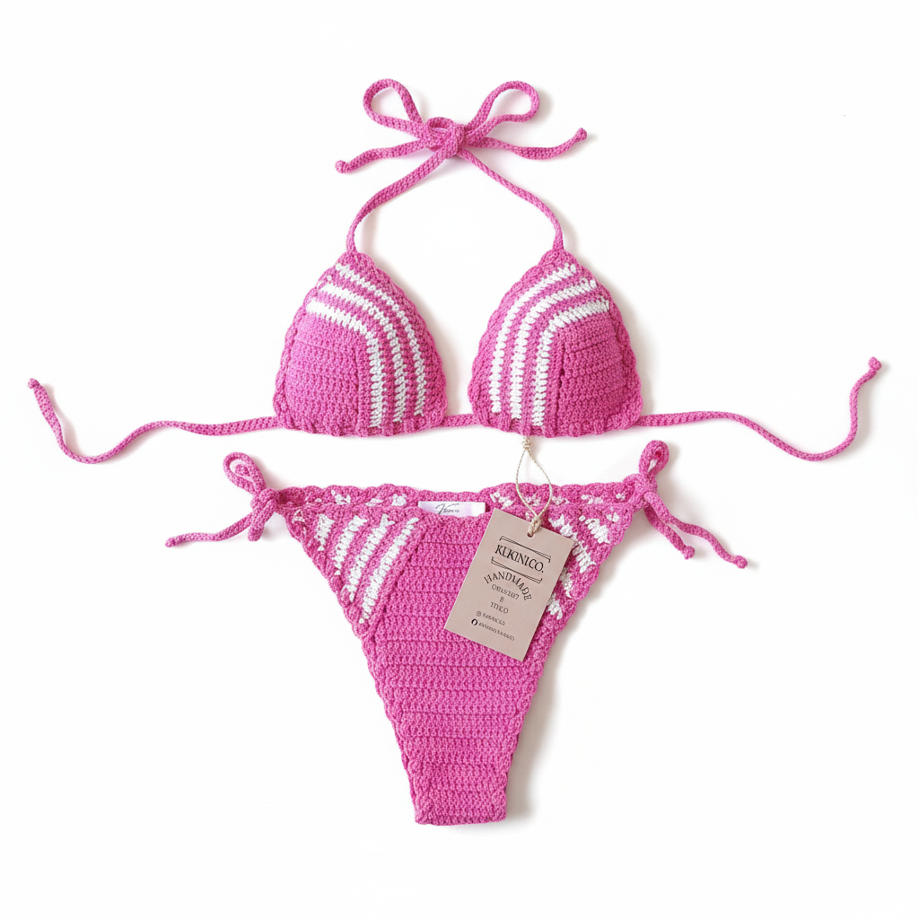 Biquíni de crochê rosa com riscas brancas, estilo casual, da Kukini Co., com detalhes em tecido e acabamento ajustável.