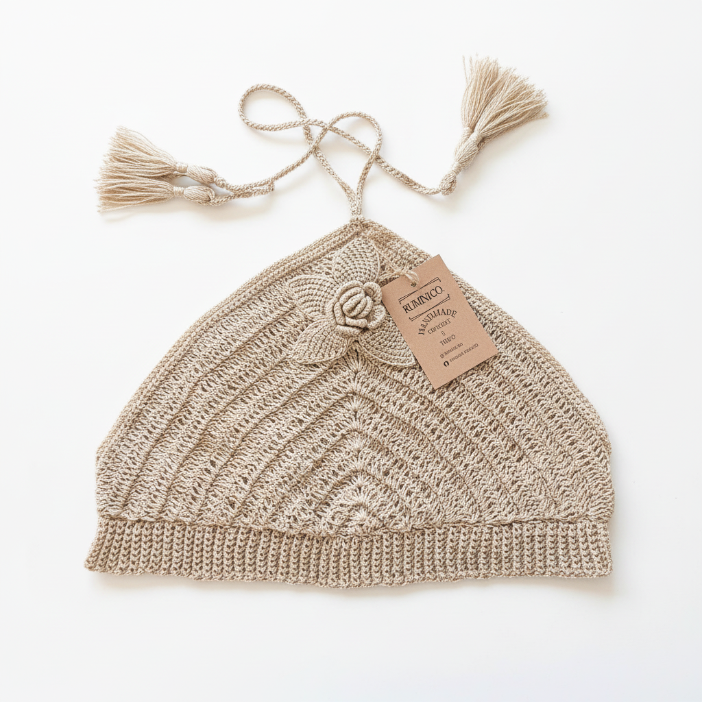 Top de crochê halter bege da Kukini Co. com detalhes de losangos e borlas, estilo casual e confortável para o verão.