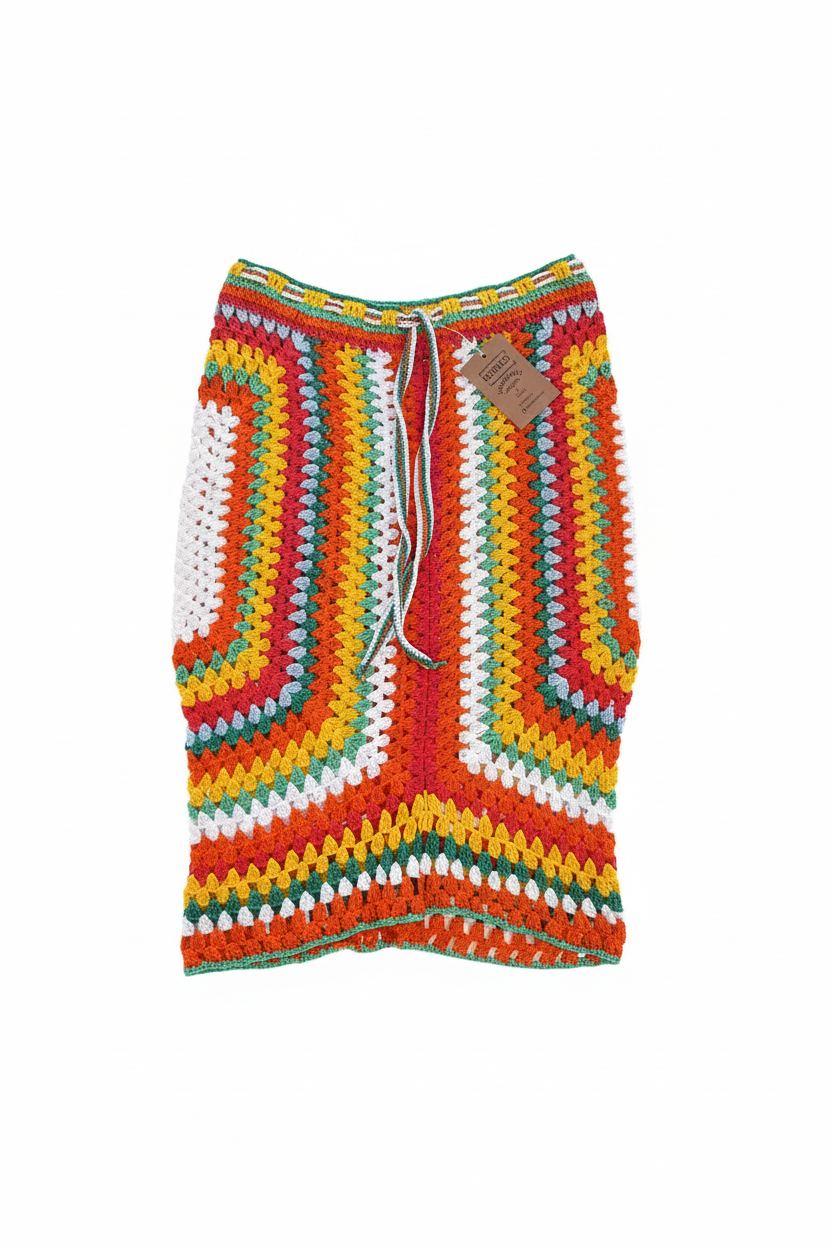 Saia longa crochet boho arco-íris da Kukini Co., com detalhes coloridos e estilo descontraído, vista de perfil em fundo neutro.