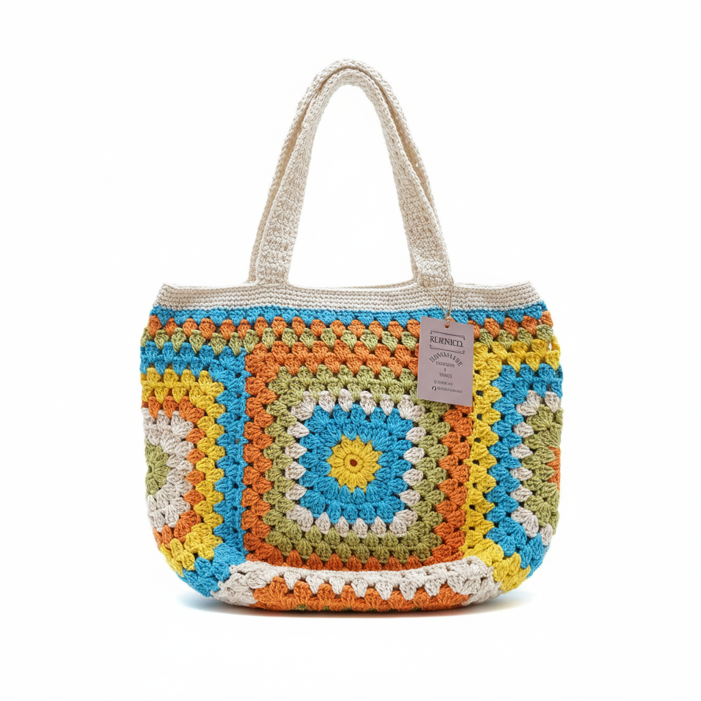 Mala de crochê de praia Granny Square Tropical da Kukini Co., com padrões coloridos e alça de mão em estilo artesanal.