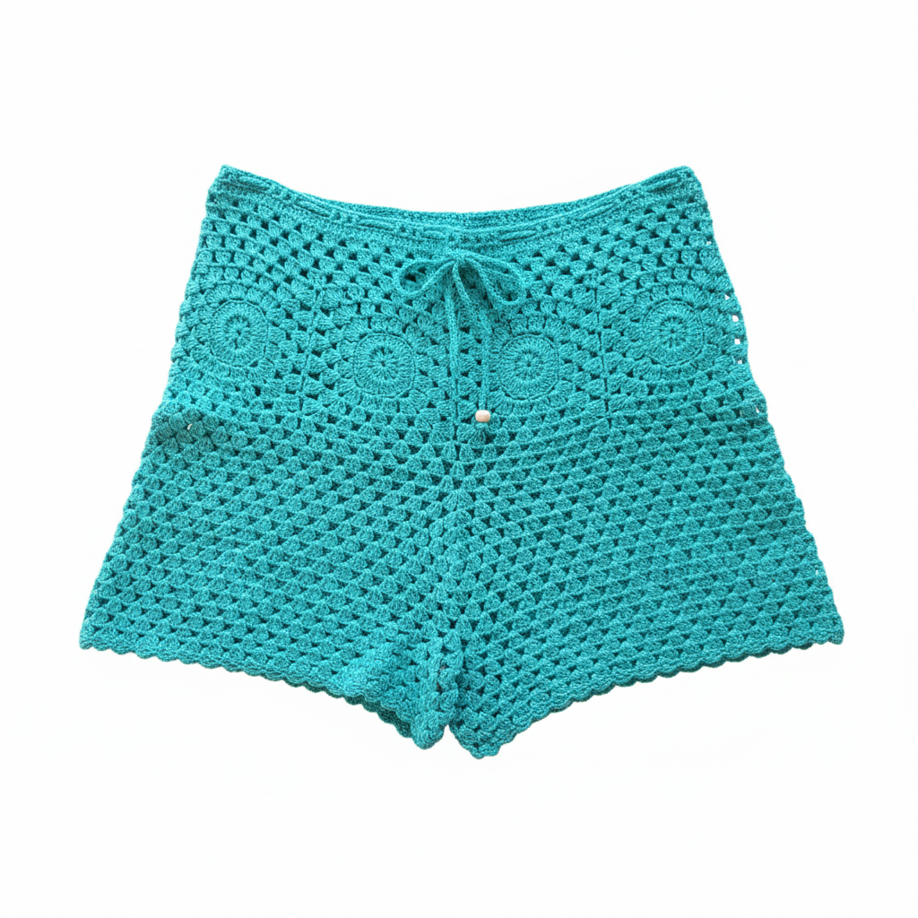 Calções de crochet Granny Square verde água da Kukini Co., detalhe colorido e confortável, exibição do padrão em crochê.