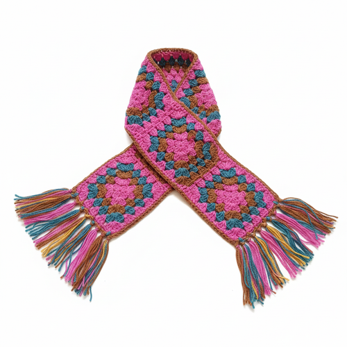 Cachecol de crochê Granny Square rosa multicolor da Kukini Co., com padrão colorido e textura acolhedora.