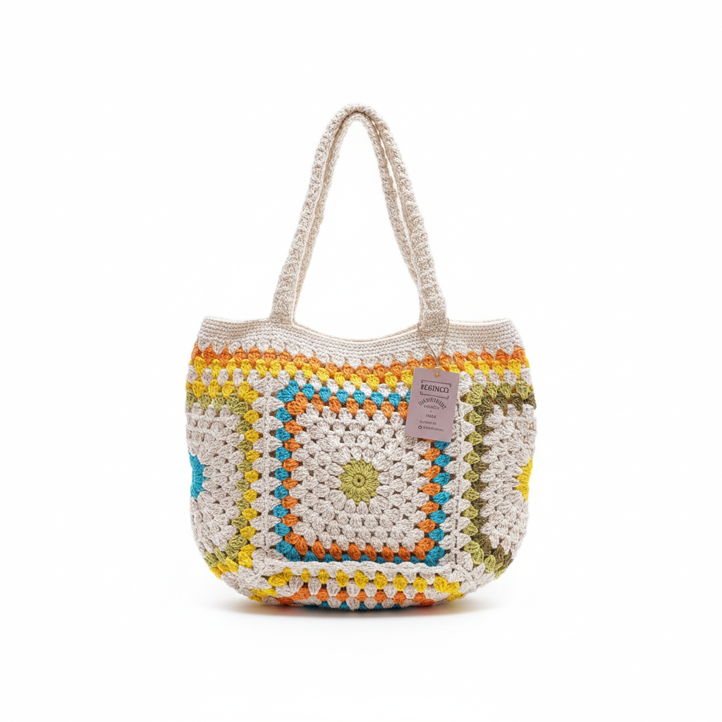 Mala de crochê Granny Square da Kukini Co. em tom creme, com detalhes em crochê colorido e alça de mão para moda praia.