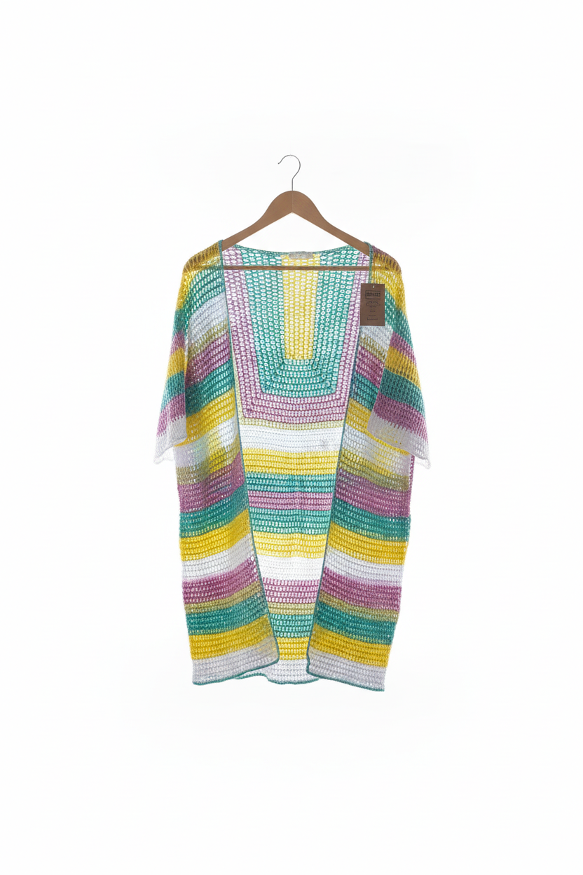 Kimono de crochê multicolor da Kukini Co., mostrando detalhes coloridos e textura artesanal em tecido leve.